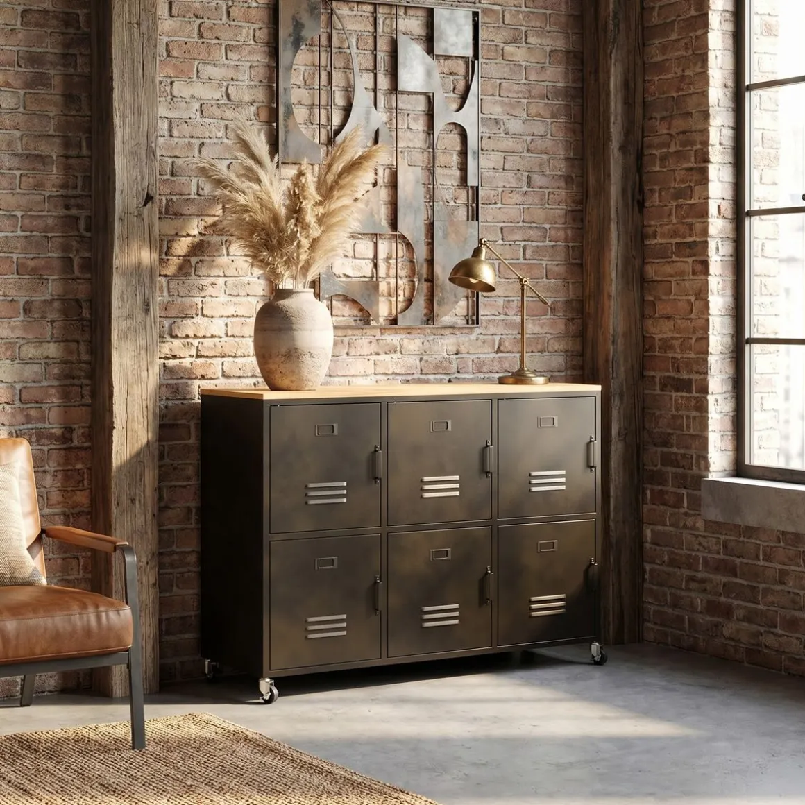 Sideboard auf Rollen Industrial FORGE 119 x 89 cm schwarz/braun