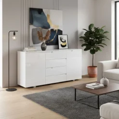 Sideboard AVILA 4 Schubladen und 2 Türen 165 x 80 cm Hochglanz weiss