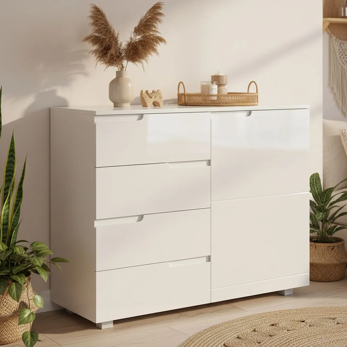 Sideboard AVILA 4 Schubladen und 1 Tür 100 x 80 cm Hochglanz weiss