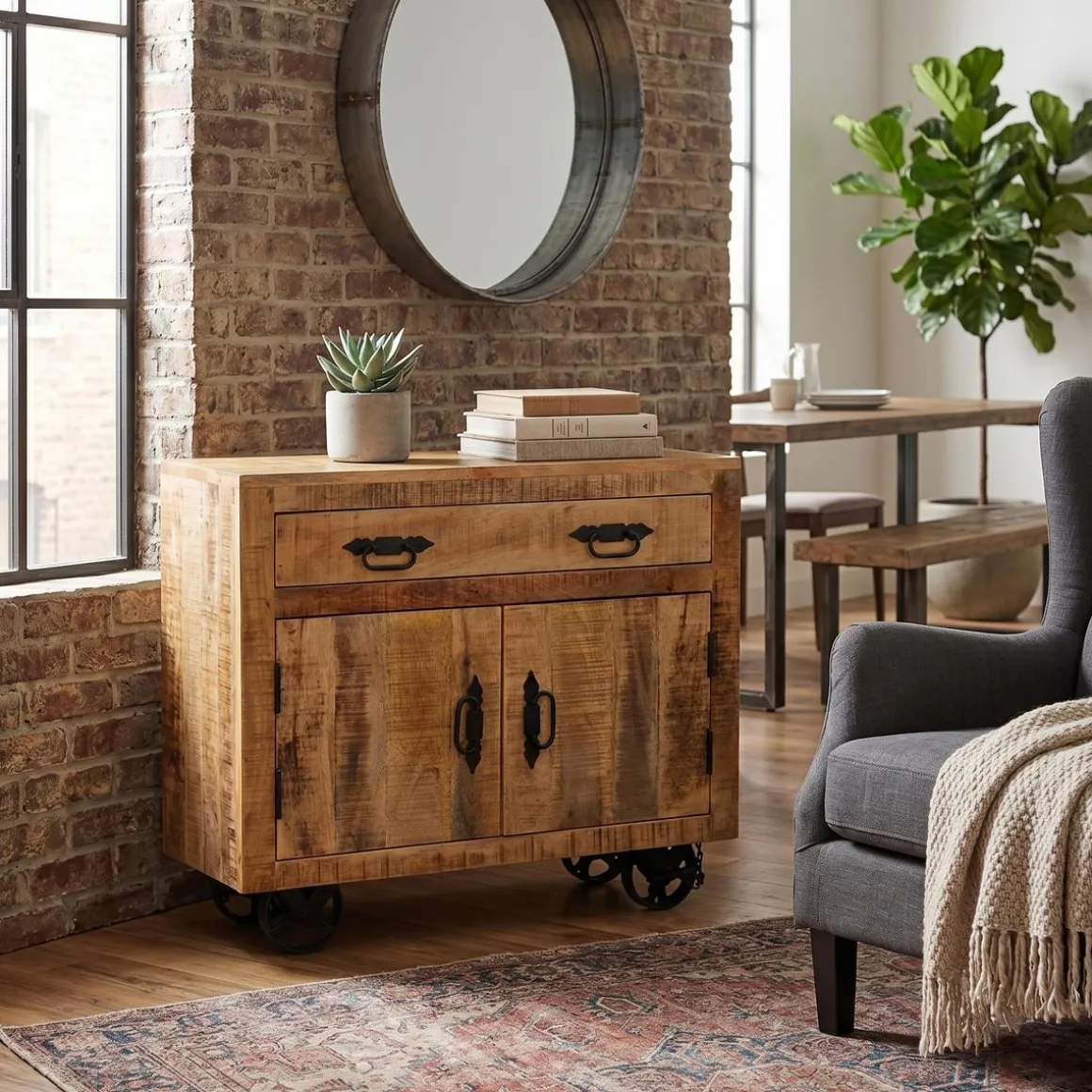 Sideboard Holz Vintage BASIL auf Rollen 80 x 70 cm
