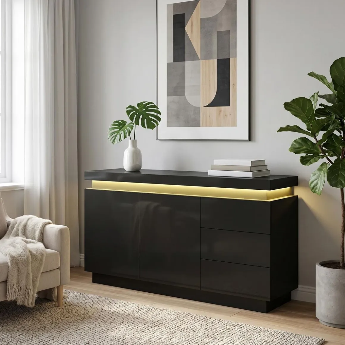 Sideboard LED ELVIO 150 x 75 cm schwarz