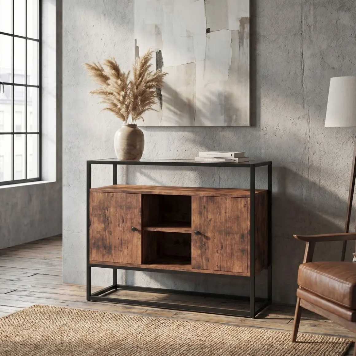 Sideboard Vintage BONITA mit Glasplatte 100 x 80 cm