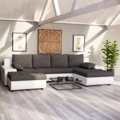 Sofa mit Schlaffunktion LANCONI U-Form schwarz/weiss