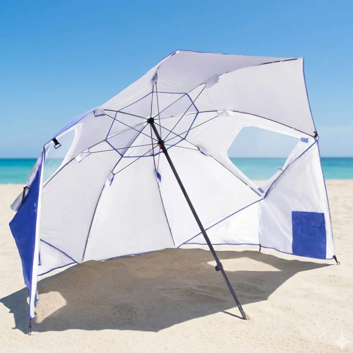 Sonnenschirm Strandschirm mit Fenster und Windschutz 240 cm blau