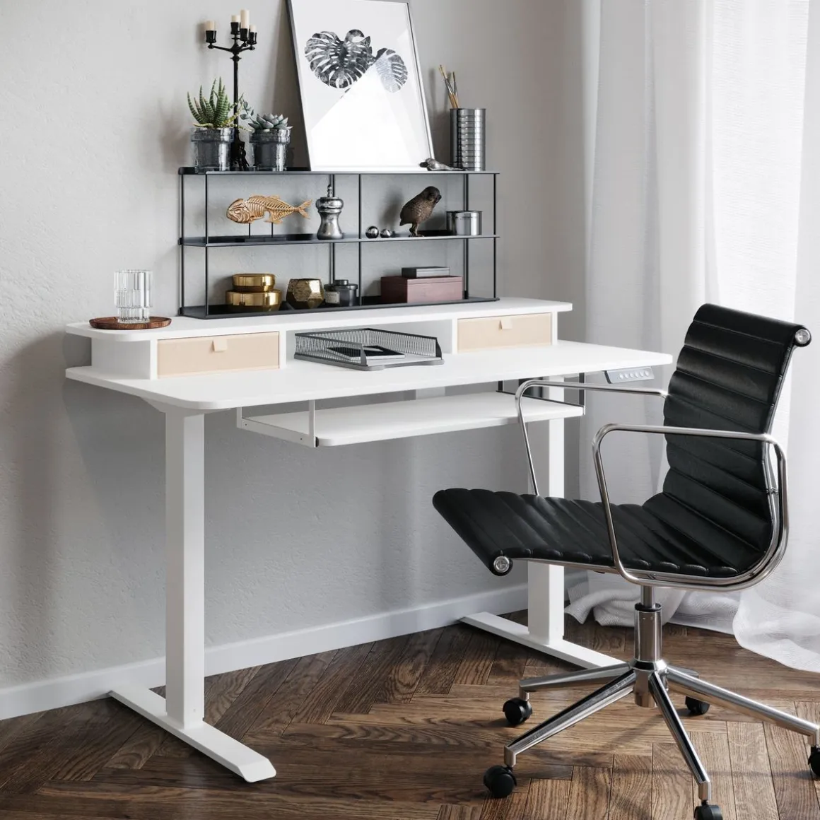 Stehpult elektrisch mit Ablage + Tastaturfach weiss 120 x 60 cm
