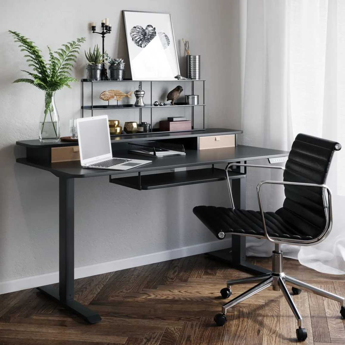 Stehpult elektrisch mit Ablage + Tastaturfach schwarz 140 x 70 cm
