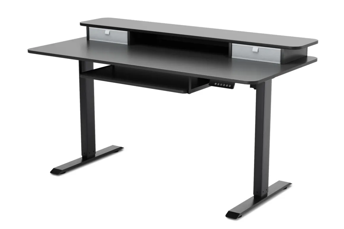 Stehpult elektrisch mit Ablage + Tastaturfach schwarz 140 x 70 cm