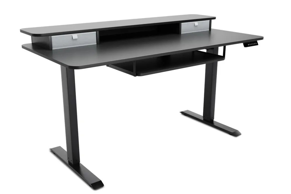 Stehpult elektrisch mit Ablage + Tastaturfach schwarz 140 x 70 cm