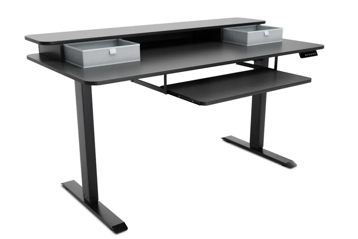 Stehpult elektrisch mit Ablage + Tastaturfach schwarz 140 x 70 cm