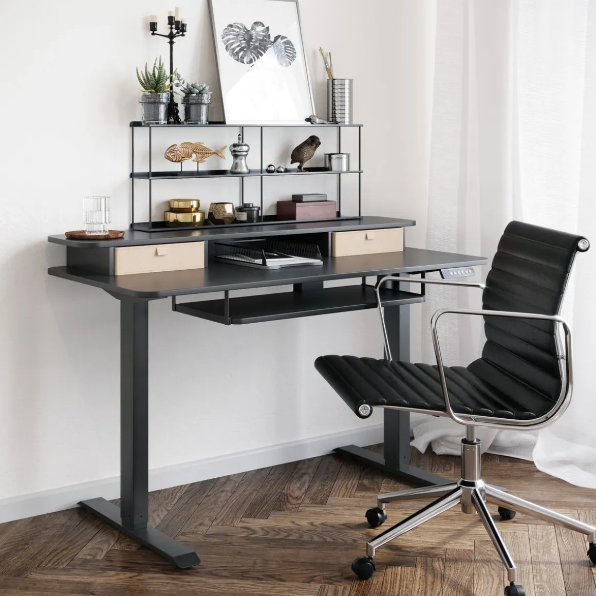 Stehpult elektrisch mit Ablage + Tastaturfach schwarz 120 x 60 cm