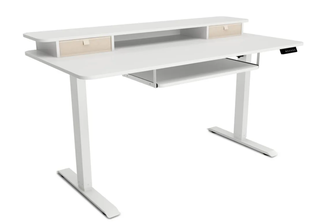 Stehpult elektrisch mit Ablage + Tastaturfach weiss 140 x 70 cm