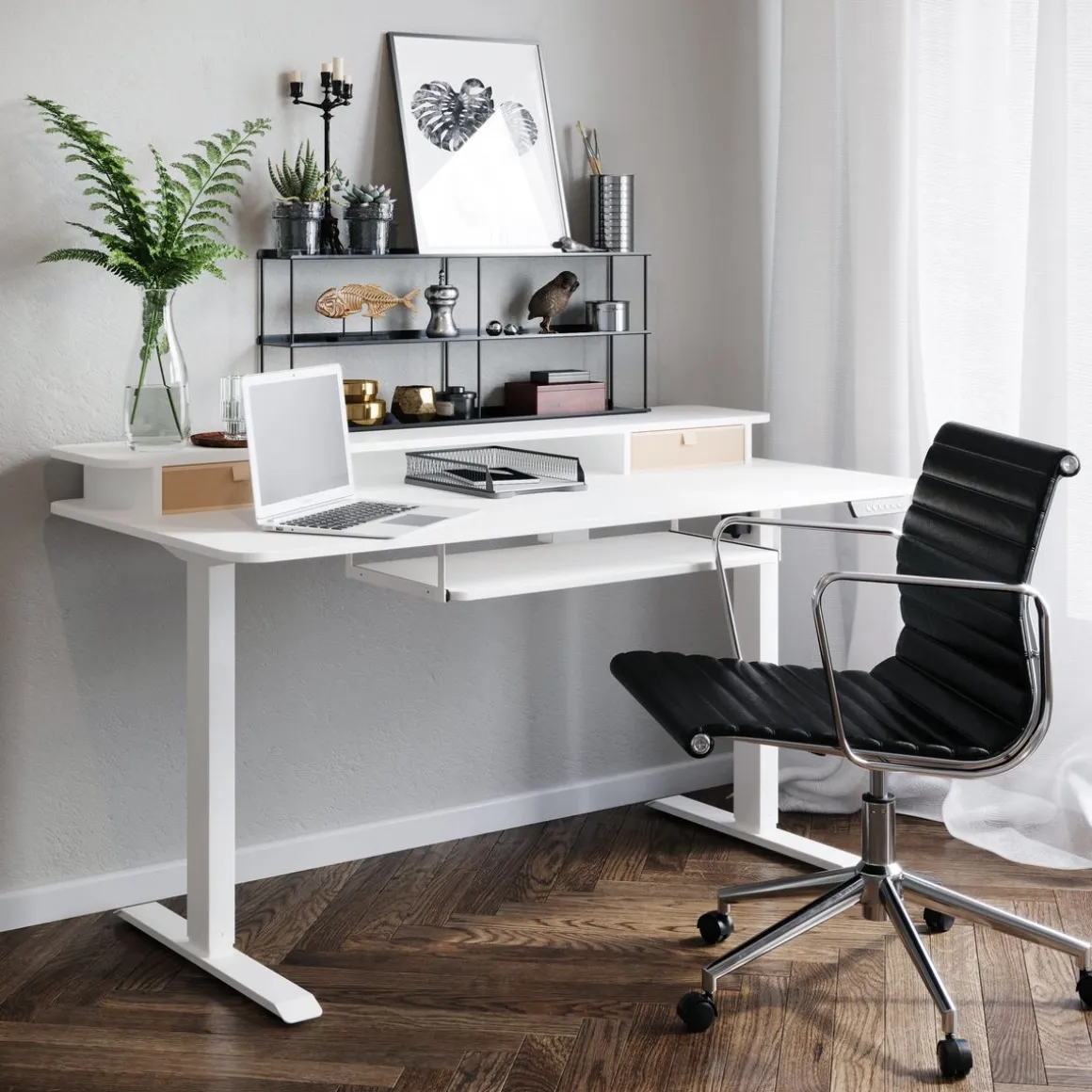 Stehpult elektrisch mit Ablage + Tastaturfach weiss 140 x 70 cm