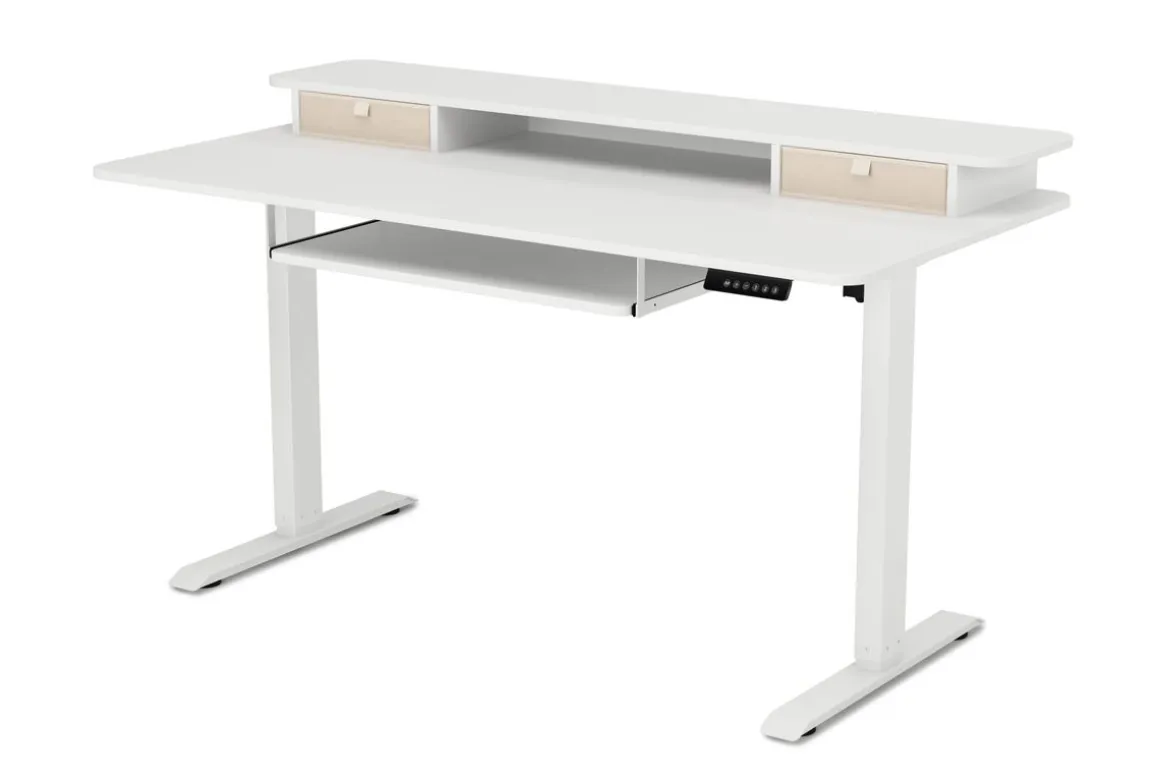 Stehpult elektrisch mit Ablage + Tastaturfach weiss 140 x 70 cm