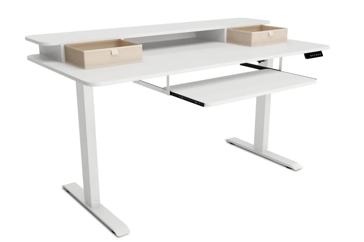 Stehpult elektrisch mit Ablage + Tastaturfach weiss 140 x 70 cm