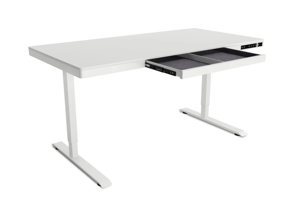 Stehpult elektrisch mit Schublade weiss 140 x 70 cm