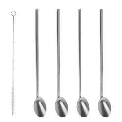 Strohhalm mit Löffel Set Edelstahl 5-teilig