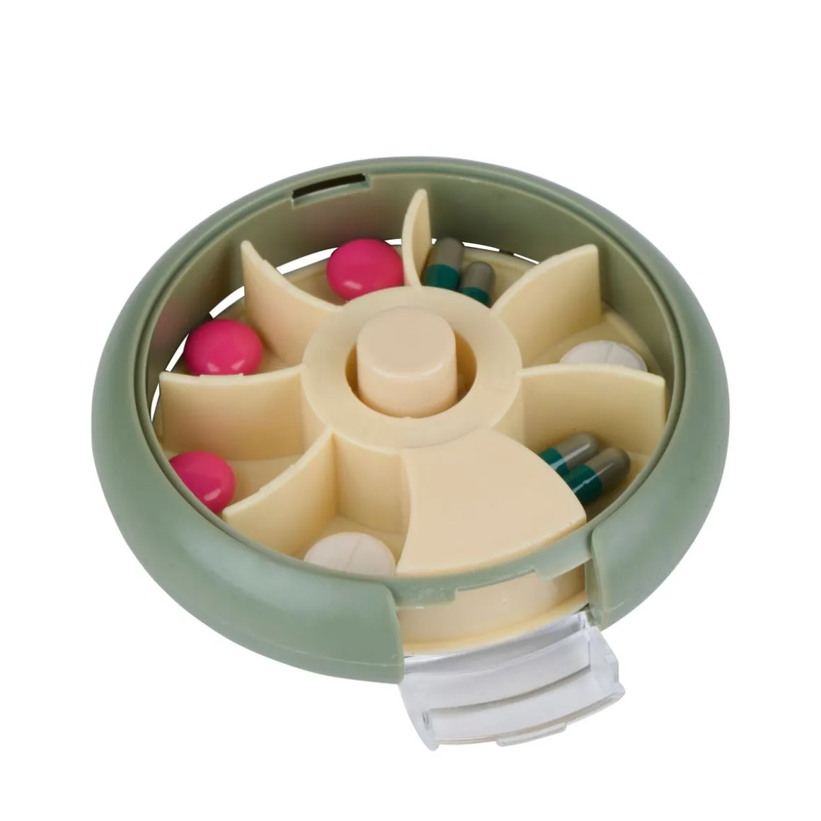 Tablettenbox rund 7 Tage 10 cm grün/beige
