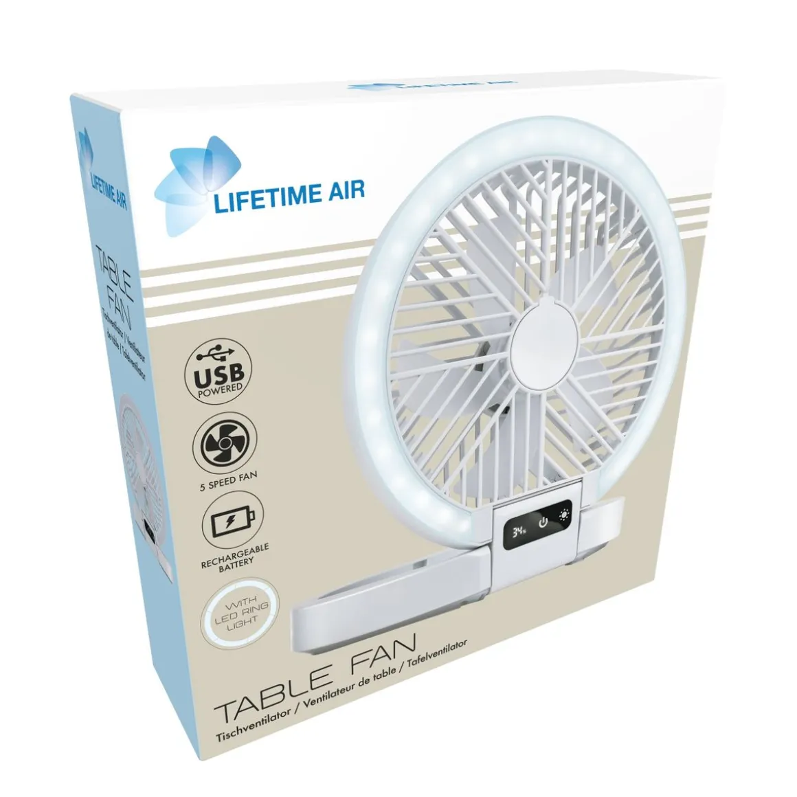 Tischventilator 5 Stufen mit USB und LED weiss