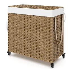 Wäschekorb Rattan mit Deckel 3 Fächer 129L braun