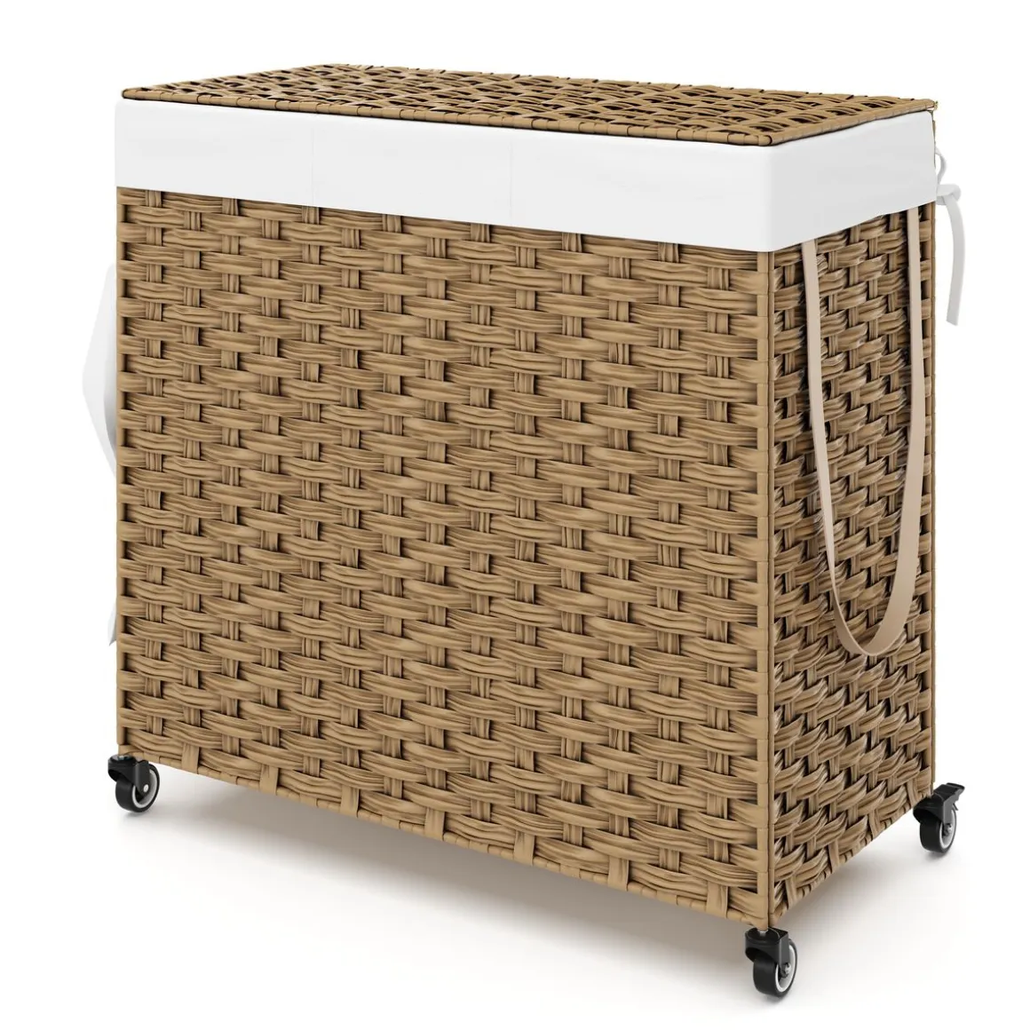 Wäschekorb Rattan mit Deckel 3 Fächer 129L braun