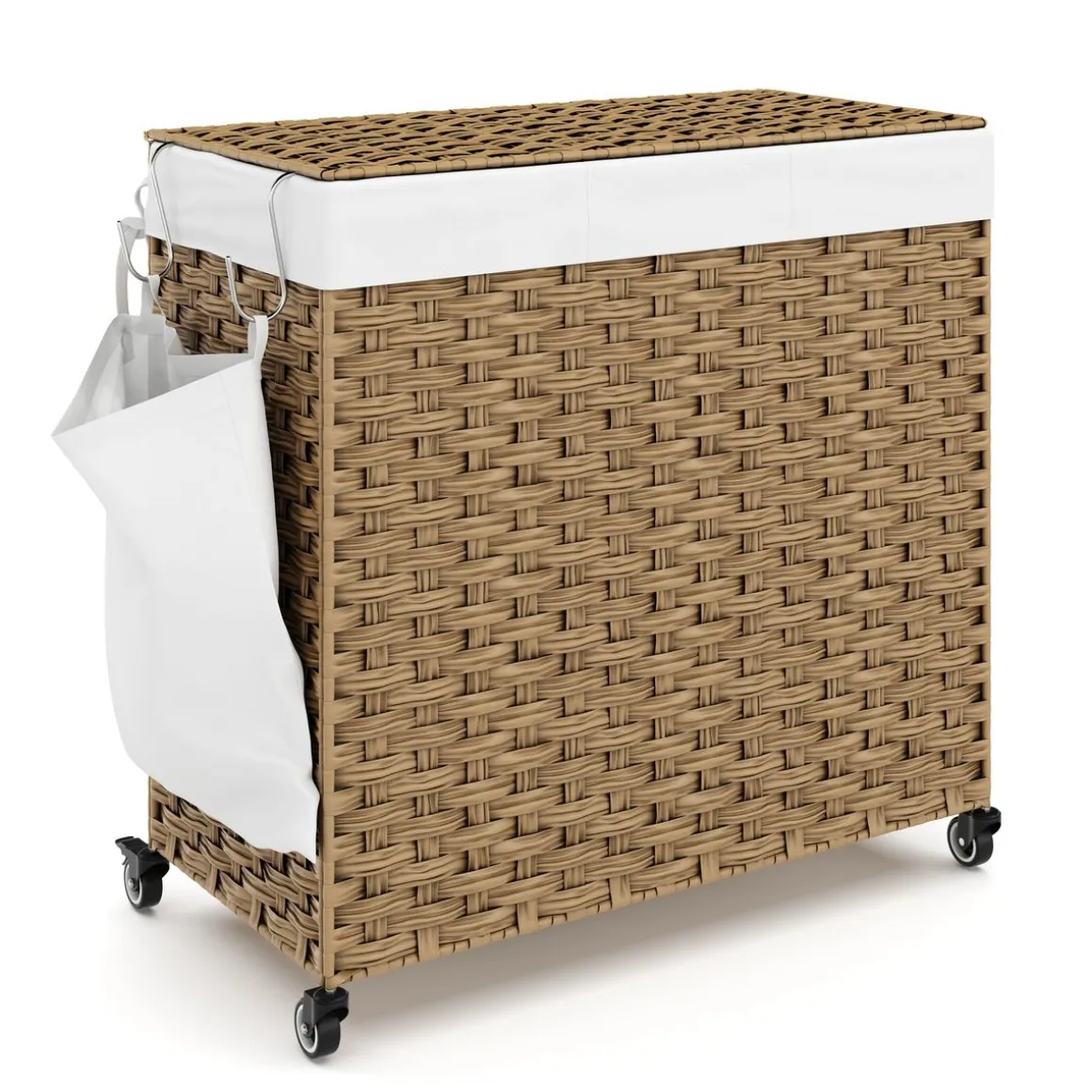 Wäschekorb Rattan mit Deckel 3 Fächer 129L braun