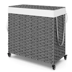 Wäschekorb Rattan mit Deckel 3 Fächer 129L grau