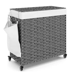 Wäschekorb Rattan mit Deckel 3 Fächer 129L grau