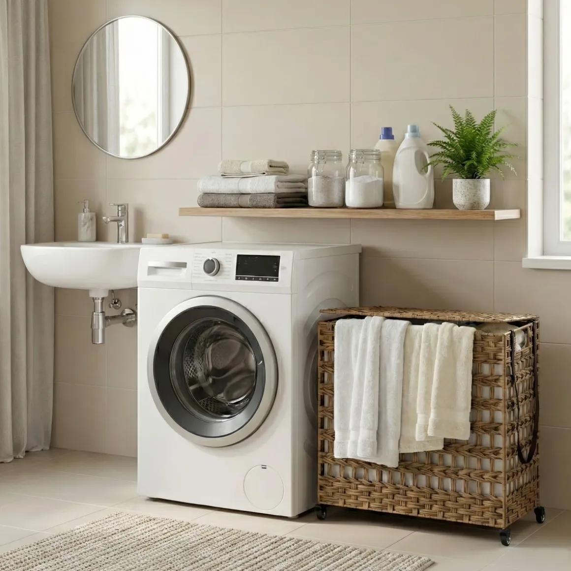 Wäschekorb Rattan mit Deckel 3 Fächer 140L braun | GONSER.CH