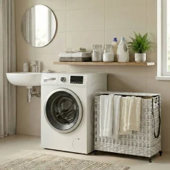 Wäschekorb Rattan mit Deckel 3 Fächer 140L weiss | GONSER.CH
