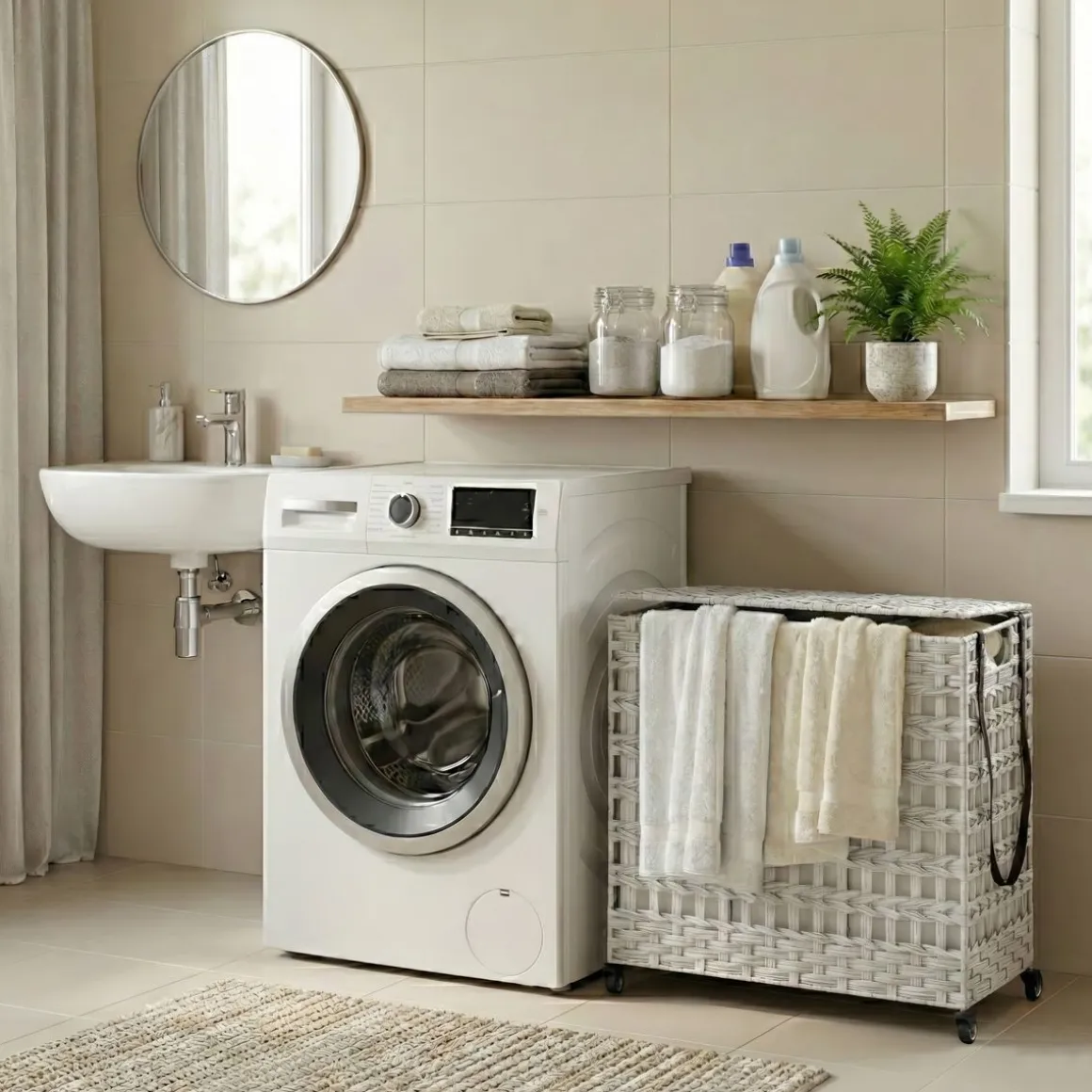 Wäschekorb Rattan mit Deckel 3 Fächer 140L weiss | GONSER.CH
