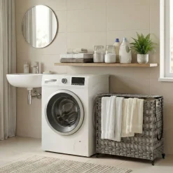 Wäschekorb Rattan mit Deckel 3 Fächer 140L grau