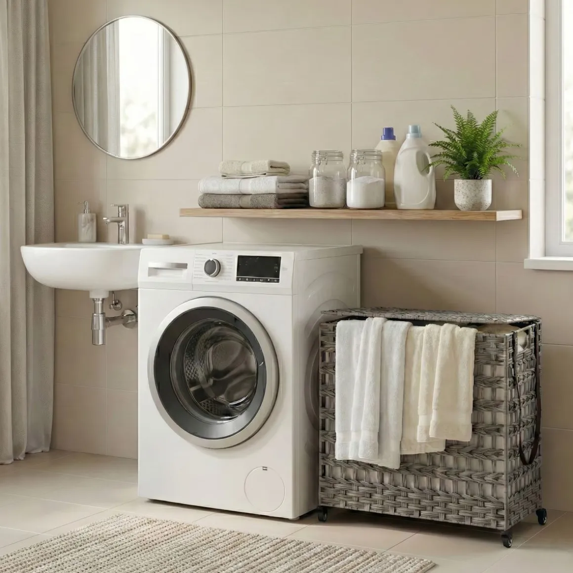 Wäschekorb Rattan mit Deckel 3 Fächer 140L grau