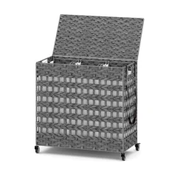 Wäschekorb Rattan mit Deckel 3 Fächer 140L grau