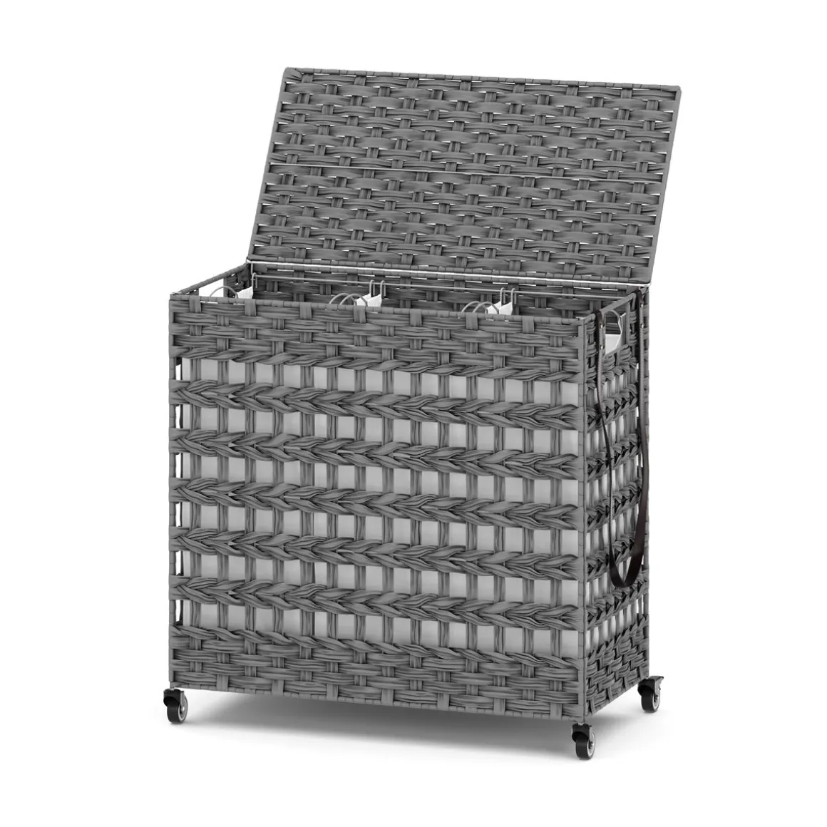 Wäschekorb Rattan mit Deckel 3 Fächer 140L grau